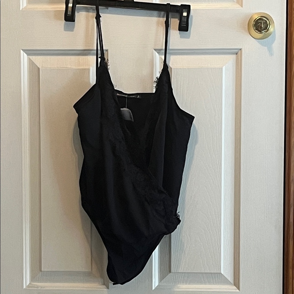 Black Lace Trim Satin Bodysuit